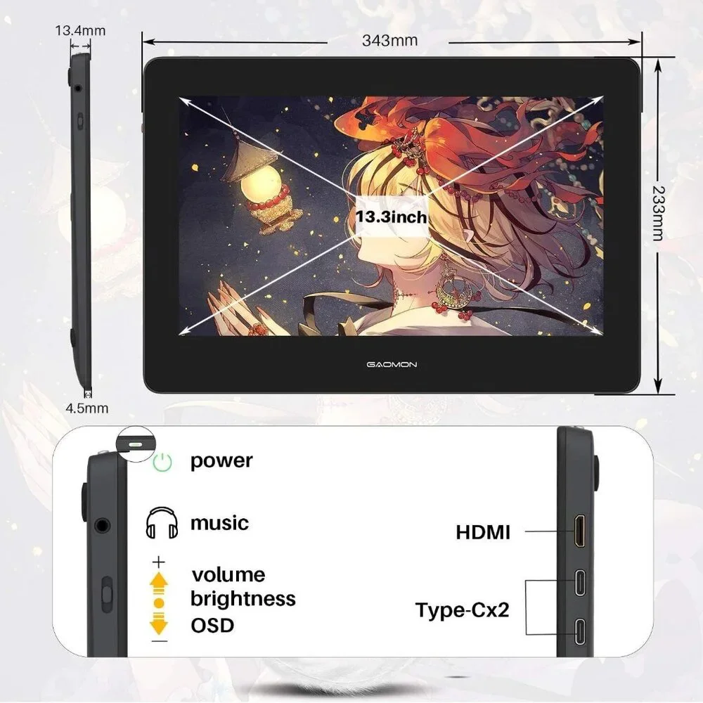 13.3 inch Graphic Tablet With Screen Full-laminated Pen Display GAOMON PD1320